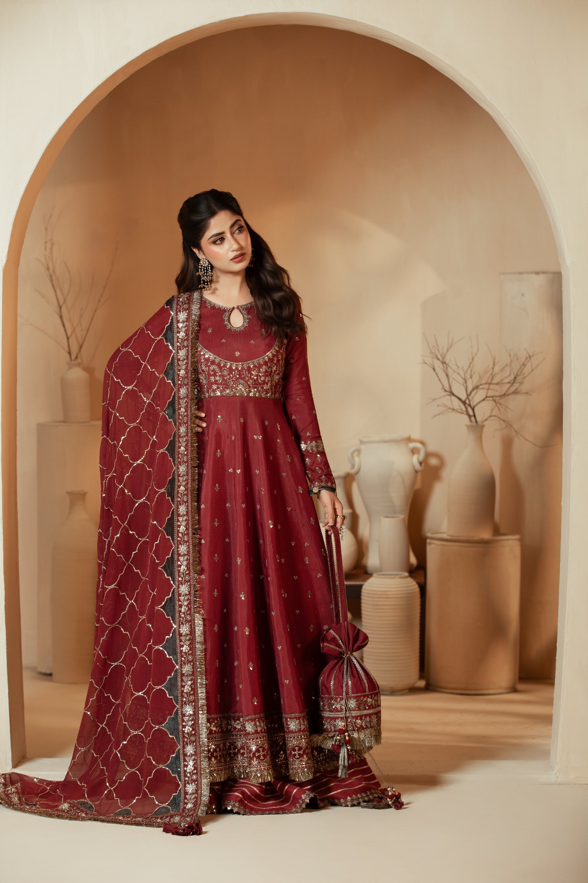 [PE3PC-FRW25118] Umrao-Jann Maroon - Luxe Raw Silk Chiffon 3-Piece Suit