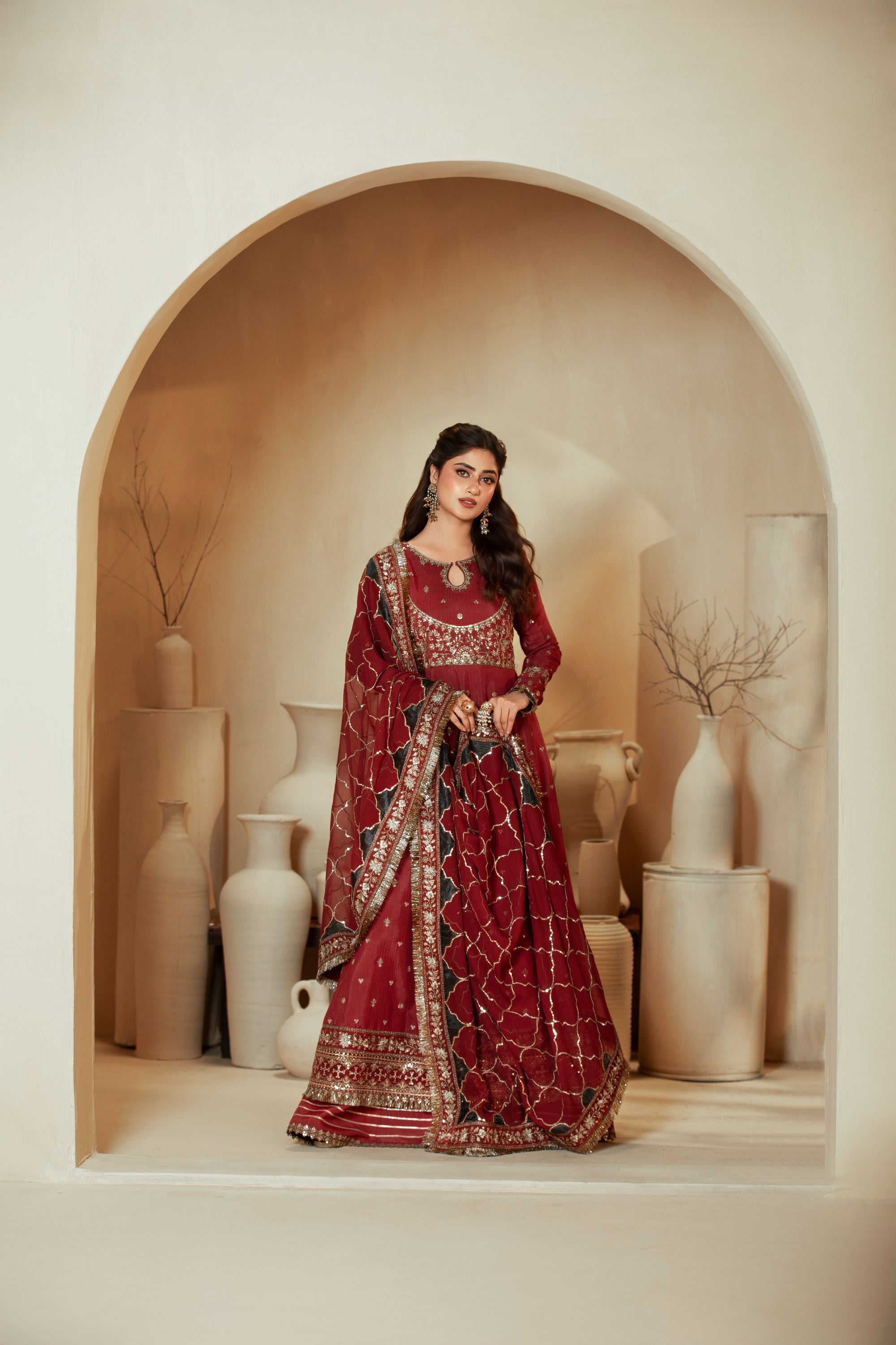 [PE3PC-FRW25118] Umrao-Jann Maroon - Luxe Raw Silk Chiffon 3-Piece Suit