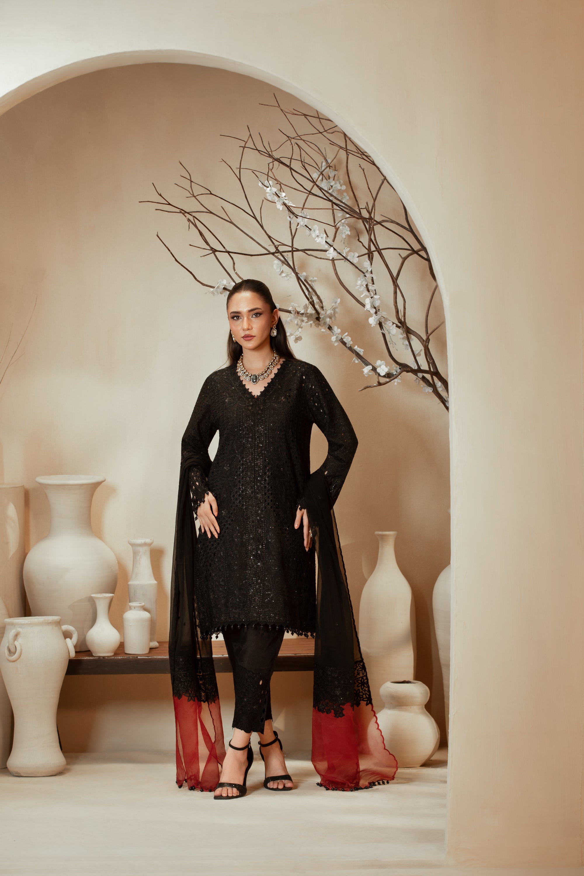 [PE3PC-FRW25116] Siya Pari Black - Luxe Raw Silk Chiffon 3-Piece Suit